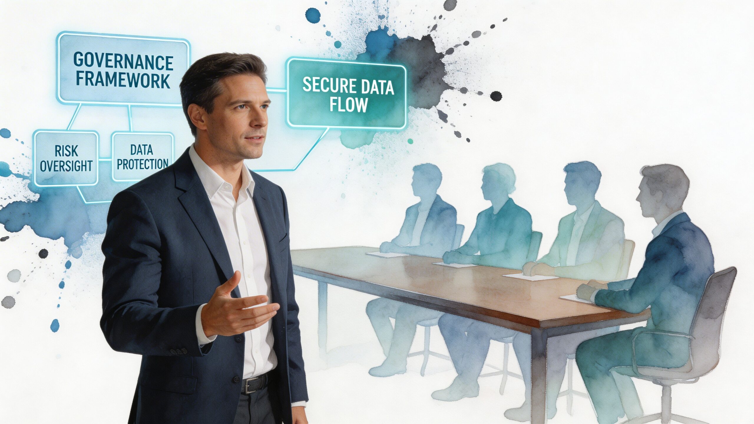 A professional man presenting corporate governance and secure data flow strategies to a seated team.