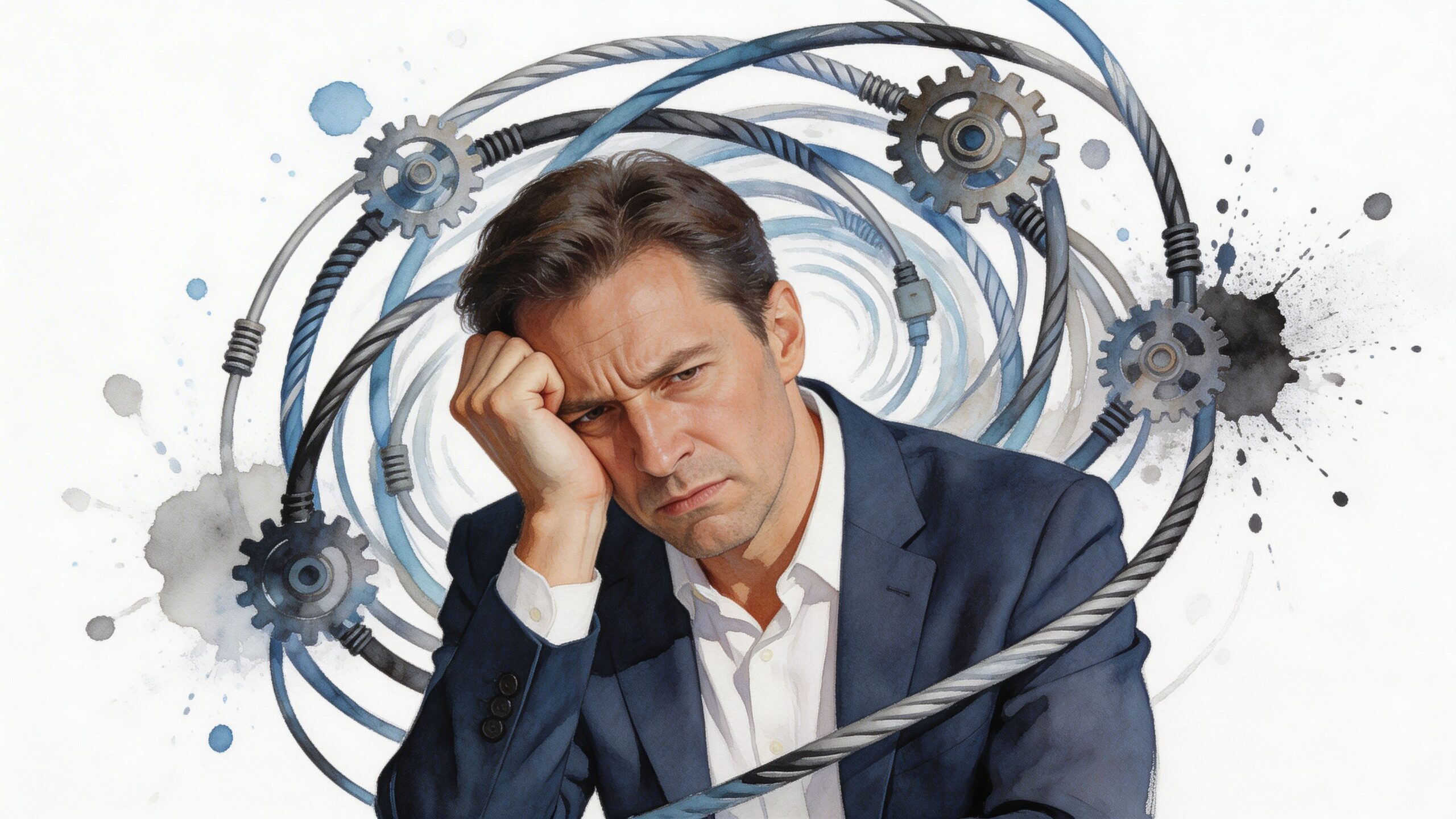 A stressed businessman sitting with his head in his hand surrounded by floating gears and cables.