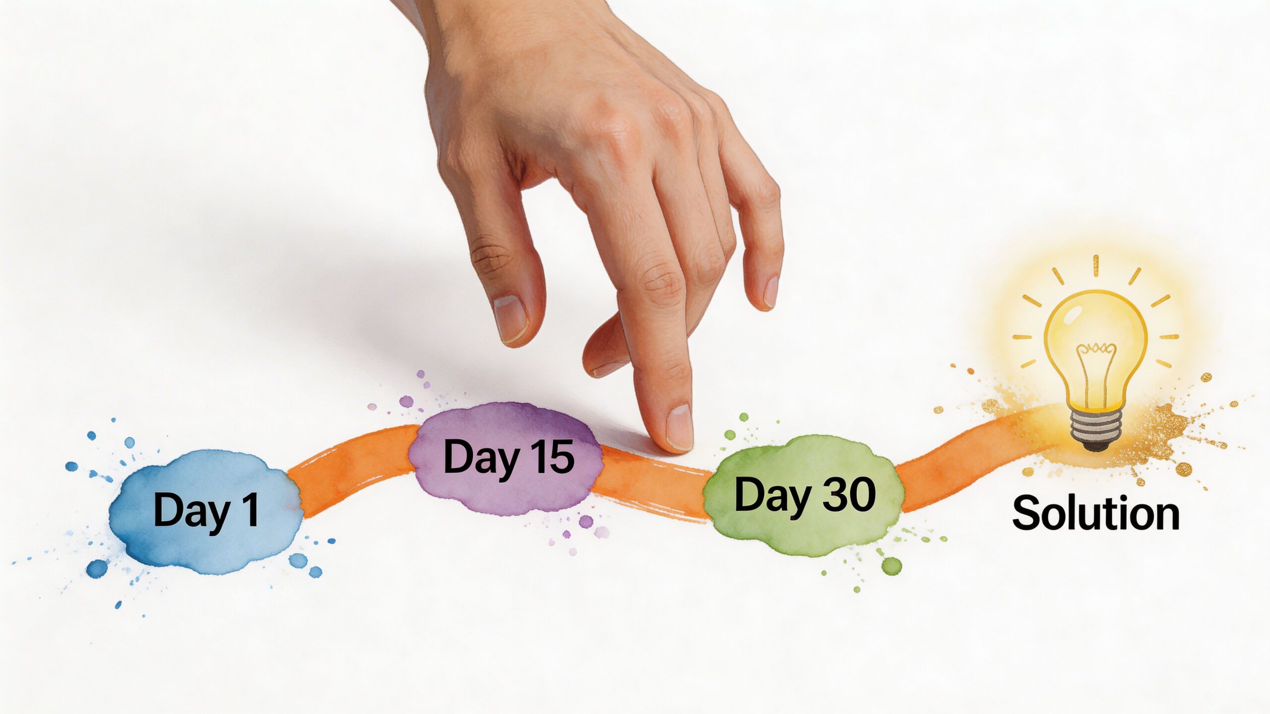 A hand tracing a timeline of progress from Day 1 and Day 15 to Day 30 leading to a solution.