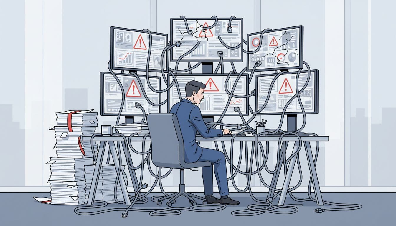 Executive seated at desk with tangled cables, monitors showing red errors and fragmented dashboards, stacks of papers nearby.