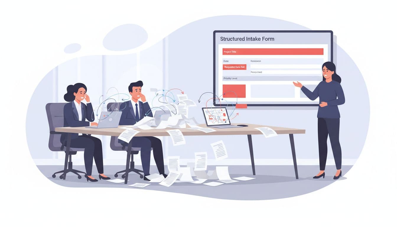 Modern illustration of a busy executive team overwhelmed by scattered paper requests and chaotic laptop data pulls at a conference table, contrasted by a calm advisor introducing a structured intake form on a shared screen in a neutral office.