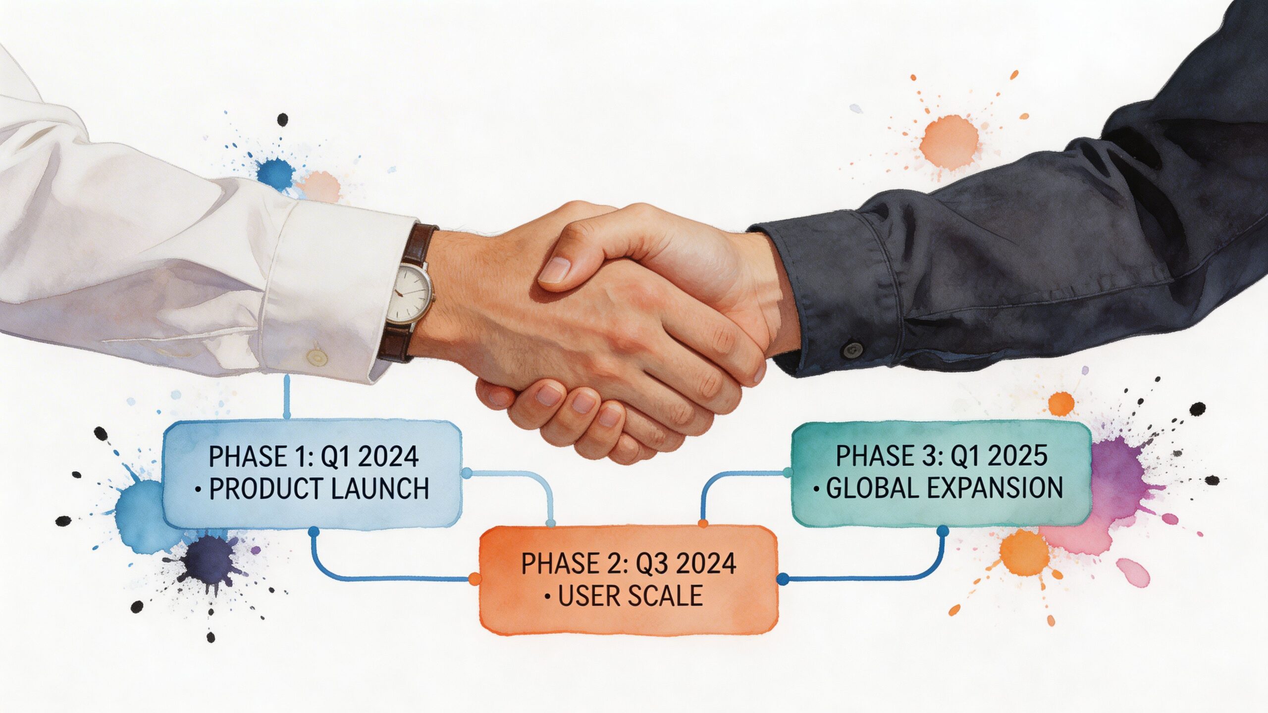 A handshake between two people, representing a business partnership timeline with three defined project growth phases.
