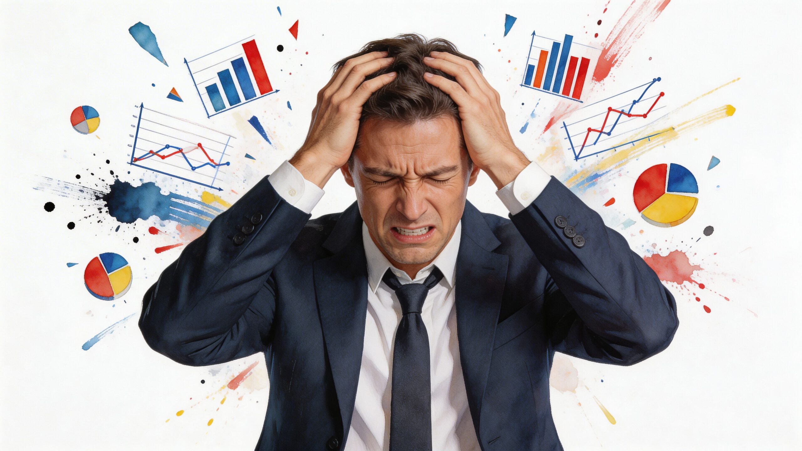 A stressed businessman in a suit holding his head in despair with various business charts and graphics