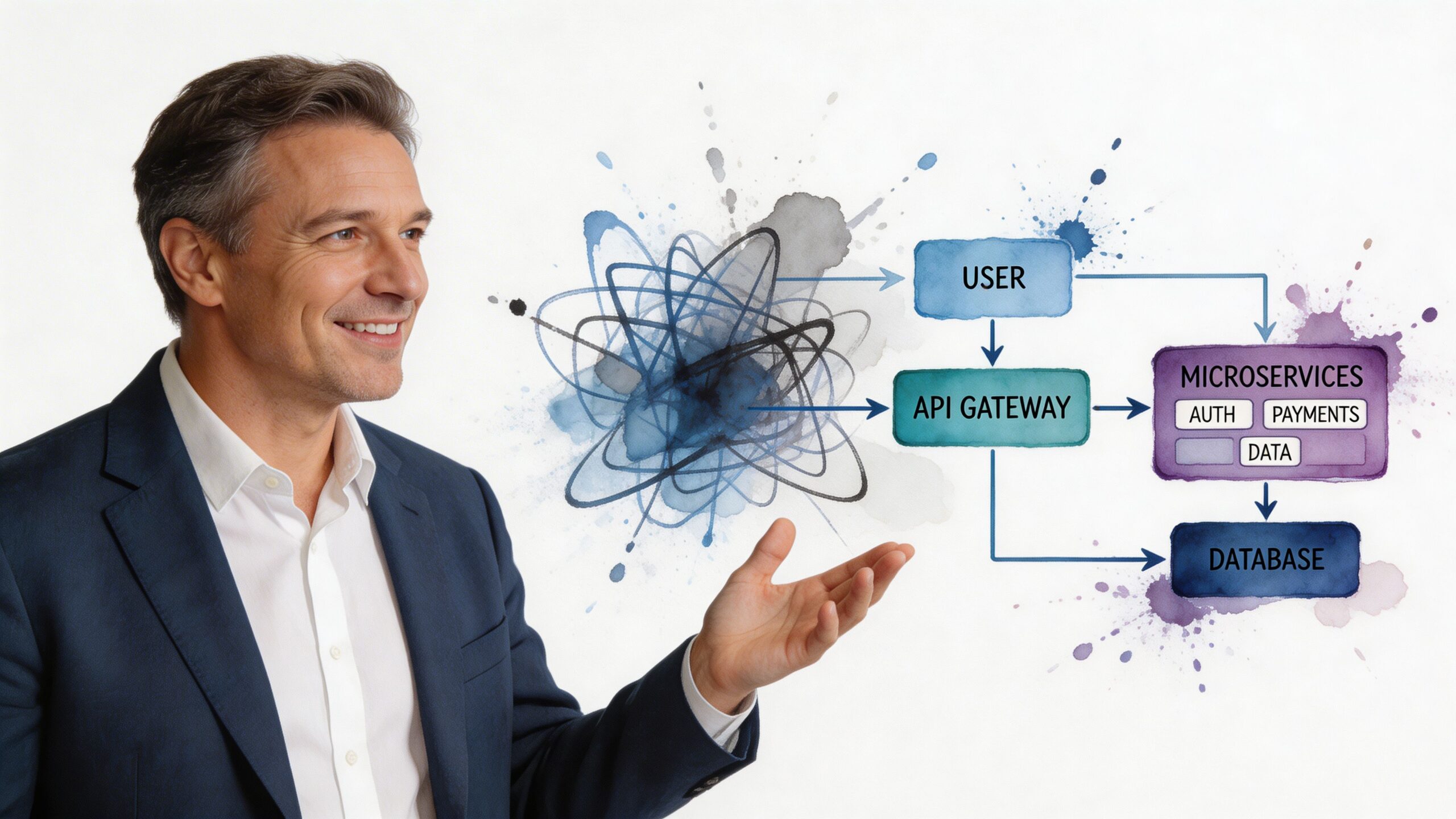A professional man gesturing toward a diagram representing a microservices system architecture with an API gateway.
