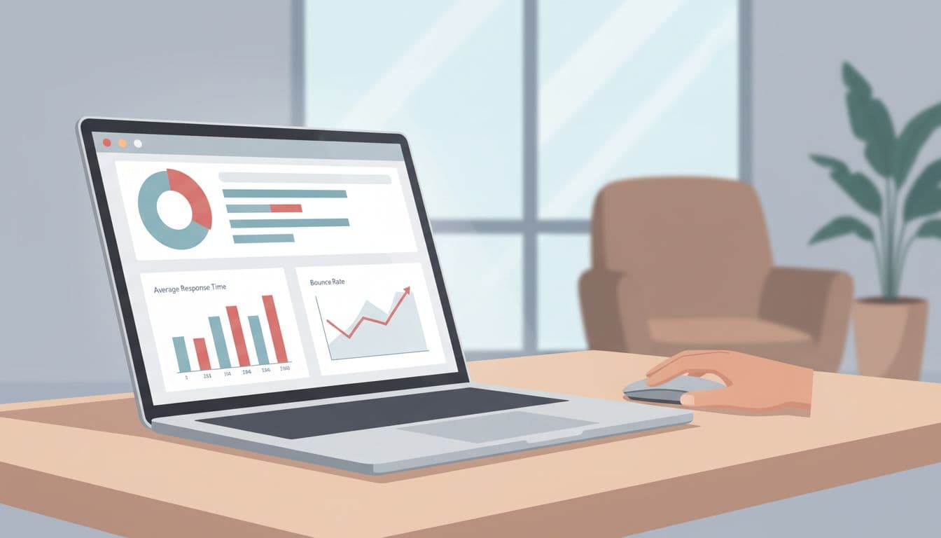Modern illustration of a laptop on a desk in an office environment, displaying a simple dashboard with charts tracking referral metrics like average response time and bounce rate using red accents.