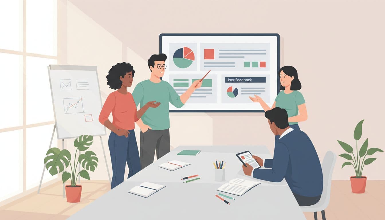 Illustration of a diverse group of four staff members in a bright modern meeting room, gathered around a shared screen discussing feedback on a new case system with notes and charts. Relaxed postures with two standing and one sitting, focused collaboration in an office setting with plants and whiteboard.