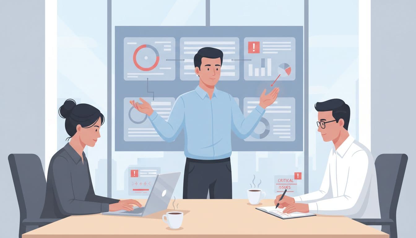 A focused team of three professionals in a modern office reviewing dashboards and fixing issues on laptops after a system launch.