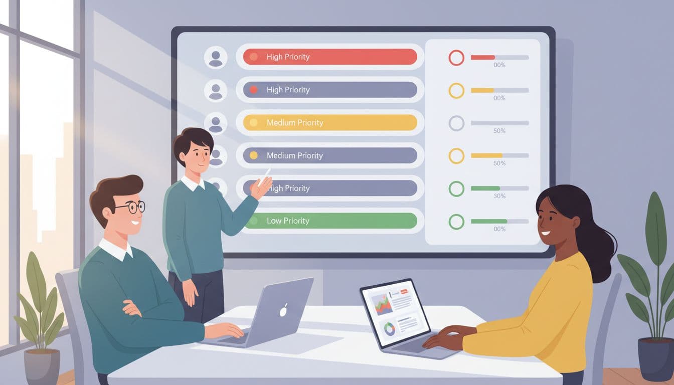 Modern illustration of an executive dashboard displaying a clean queue of prioritized data requests with green, yellow, and red status indicators. Calmly collaborating team members in a modern conference room setting.