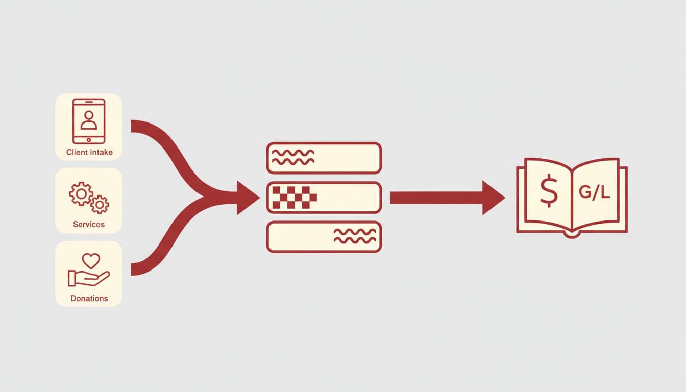 Clean flowchart illustration of program data from client intake, services, and donations icons on the left flowing via reconciliation steps and arrows to a central general ledger book icon on the right. Modern flat style with simple neutral background, clean shapes, strong composition, and bright even lighting; no text, people, or extra elements.