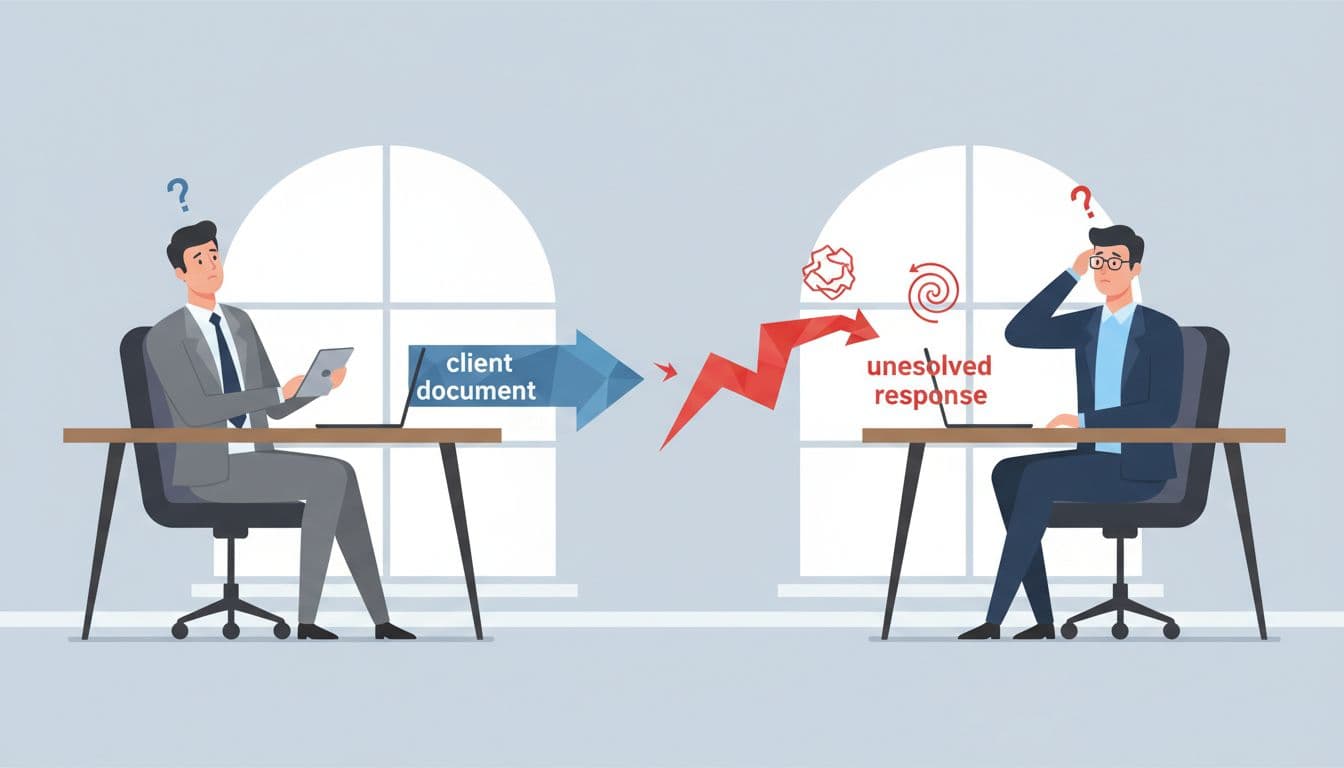 Modern illustration showing a referral handoff process where the client document arrow from left office desk to right partner desk bounces back unresolved with frustration icons, featuring exactly two professionals at desks.