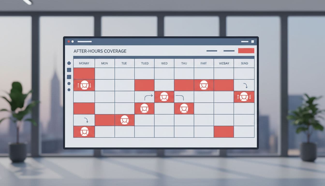 Modern illustration of a team shift calendar on a digital screen, showing after-hours slots from 5PM to 9AM covered by rotating staff icons with highlighted evening and weekend blocks.