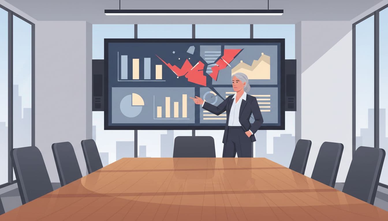 Senior executive points to dashboard with fragmented metrics and red risk indicators in empty boardroom.