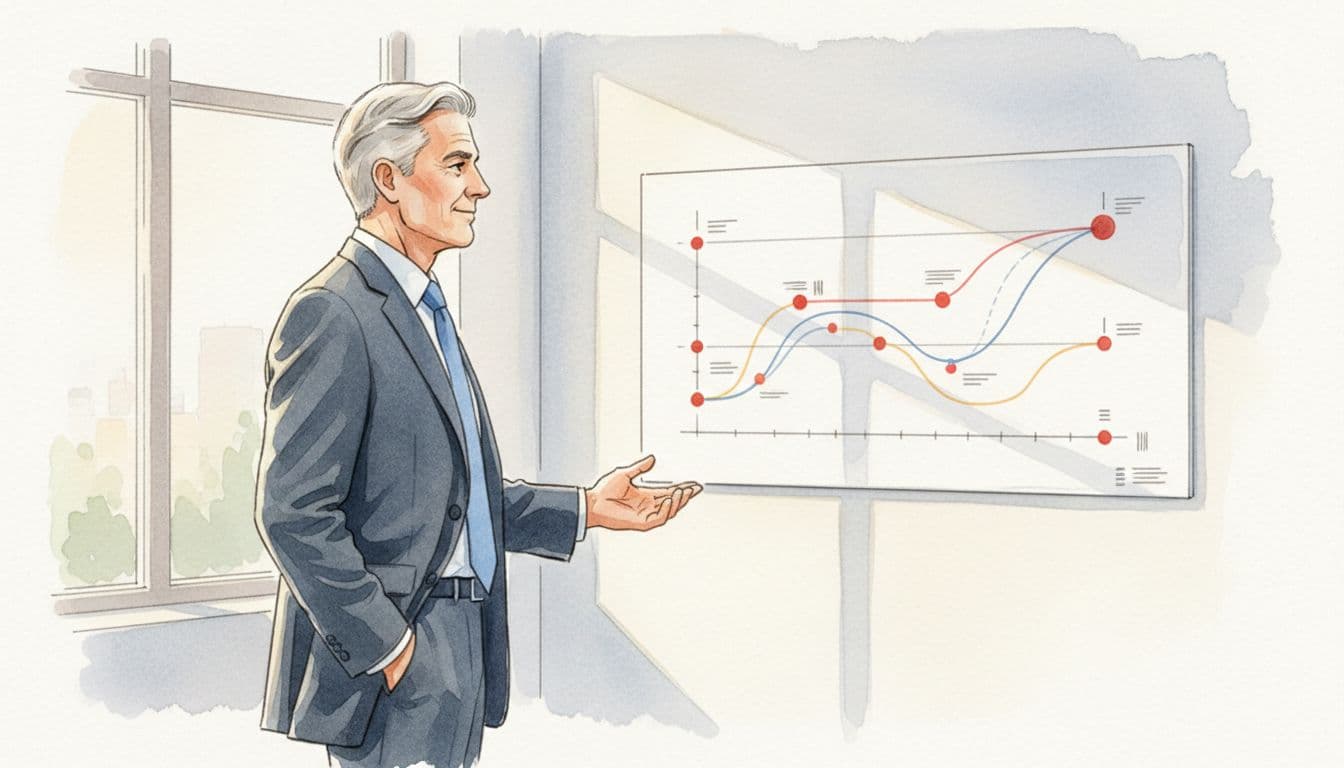 Senior executive stands in clean office reviewing wall-mounted roadmap chart with red milestone dots, watercolor style.