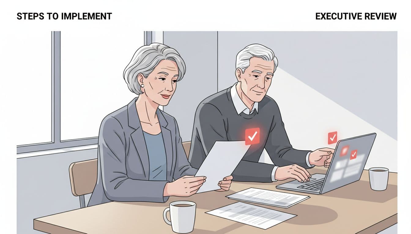 Modern illustration of two senior leaders in a legal aid office collaborating on data field approvals, one reviewing a document and the other checking a laptop screen.