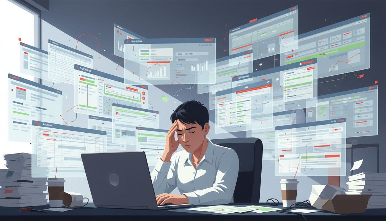Modern illustration of a frustrated executive rubbing temples at a chaotic desk piled with overlapping spreadsheets and laptops displaying scattered data tabs in a dim, cluttered office. Shadows emphasize the mess with clean shapes, controlled colors, and red accents on tabs.