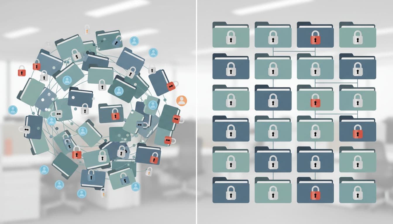 Modern split-view illustration contrasting chaotic shared drive folders with excessive open locks and users on the left, against organized folders with secure locks and minimal access on the right, using #EF4444 accents.