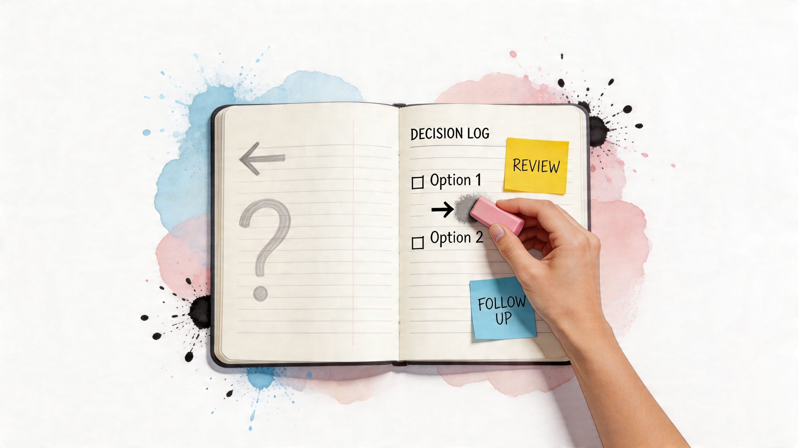 A hand uses an eraser on a decision log notebook to remove a choice option during review.