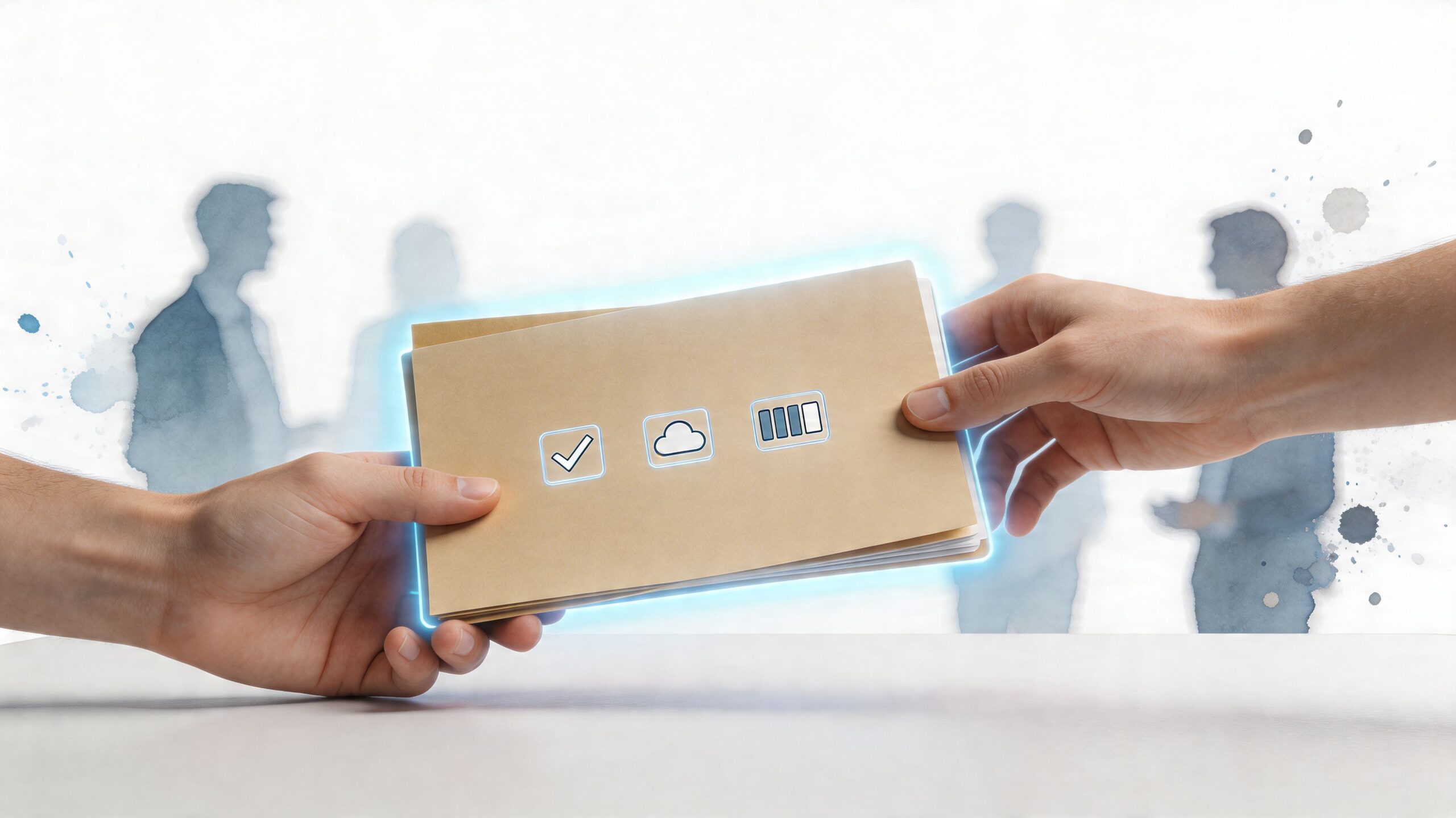 Two people exchanging a document envelope with digital icons symbolizing cloud technology and task management status.