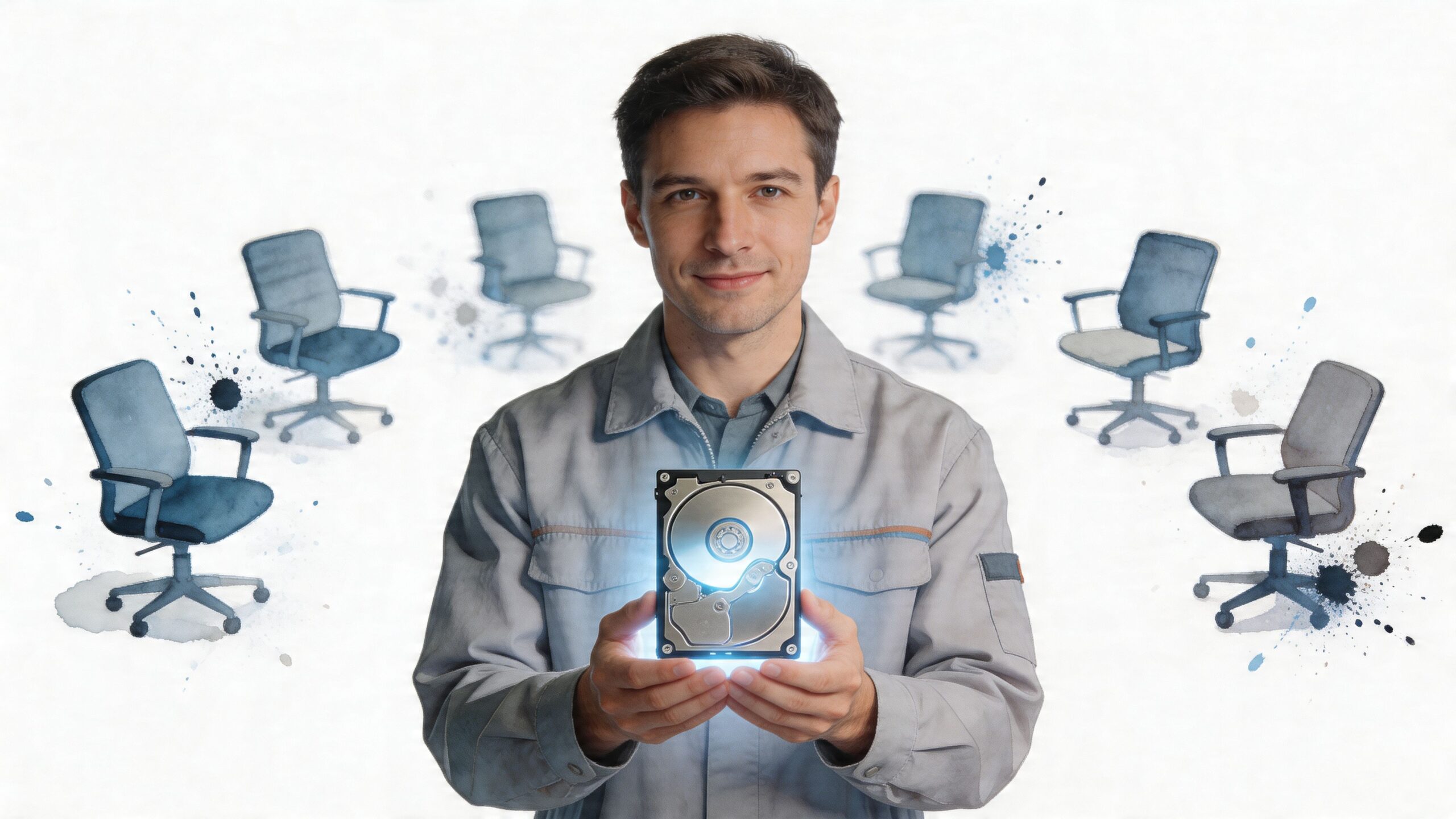 A professional IT technician holding a glowing hard drive surrounded by floating office chairs.
