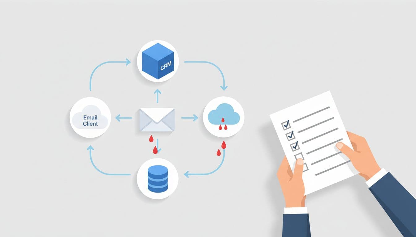 Modern top-view illustration of interconnected CRM, email, cloud storage, and database tools on an office desk, linked by data arrows with red drips indicating silent data loss, and hands reviewing a checklist.