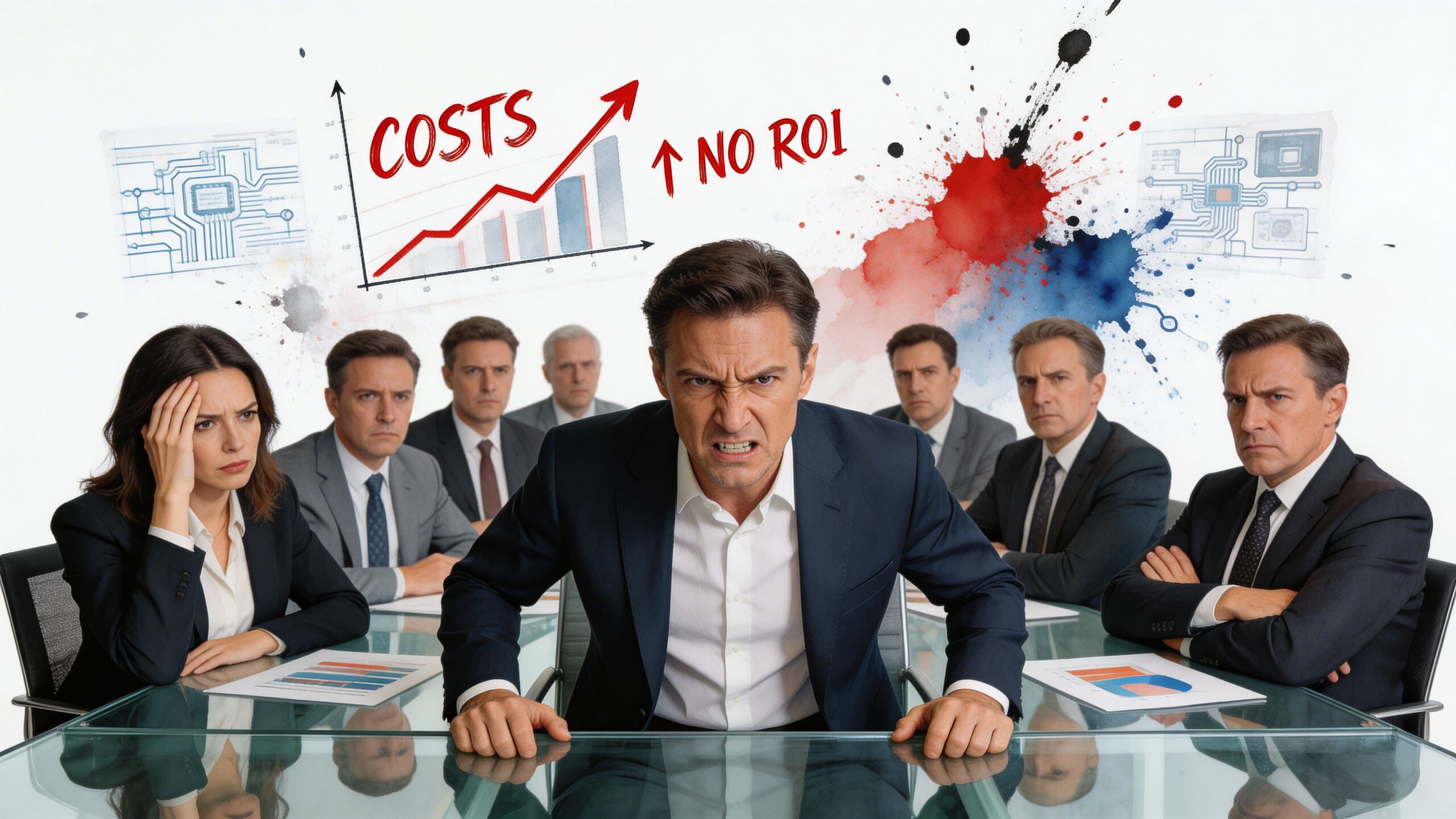 An angry executive leaning over a conference table in front of a stressed team during business meeting.