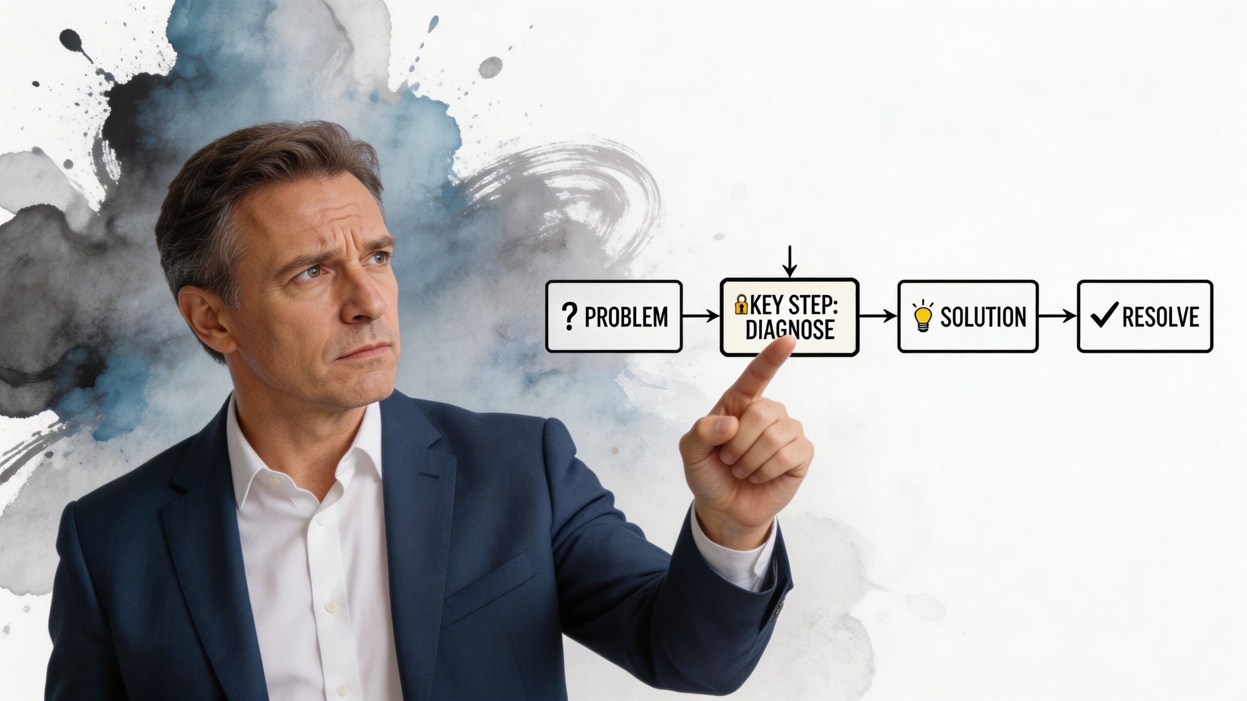 A professional man pointing at a business workflow diagram illustrating problem diagnosis and resolution.