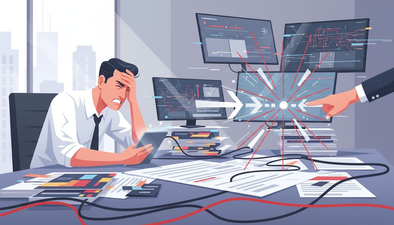 Stressed CEO at conference table reviews chaotic reports amid tangled wires and error screens, pointing to emerging clear roadmap.