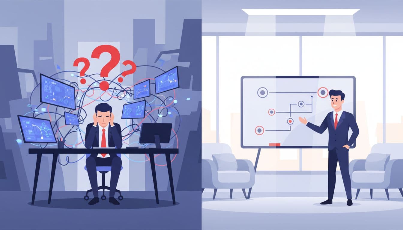 Split scene: stressed leader at desk amid tangled cables and screens left; advisor points to whiteboard roadmap right.
