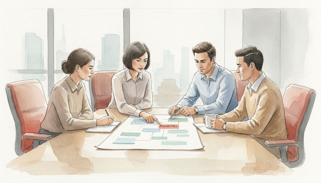 Four professionals around conference table review paper roadmap, one pointing to priorities, in watercolor style.