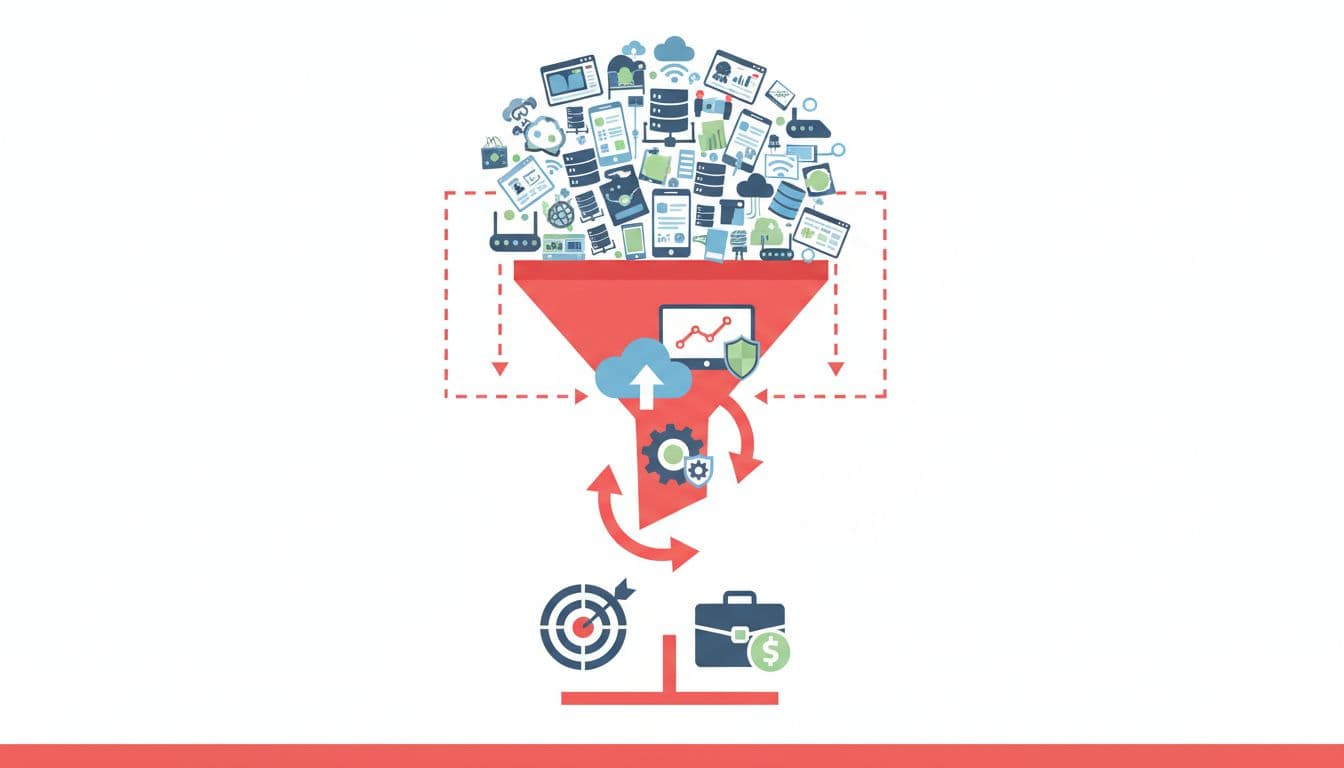 Funnel flowchart narrows from many tech tool icons like servers and clouds to few high-impact ones aligned with business goals, red accents on white background.