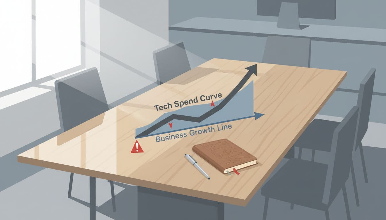 Line graph on conference table shows upward gray tech spend curve against flat blue growth line with red warning triangles at divergences, notebook and pen beside.