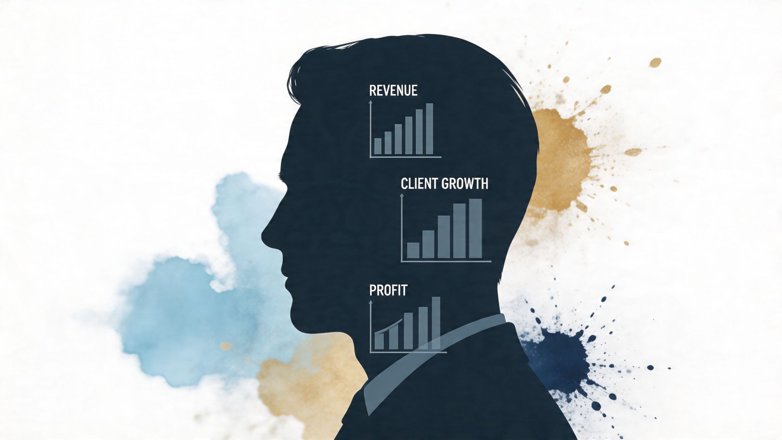 A silhouette of a man's head featuring business growth charts for revenue, client growth, and profit.