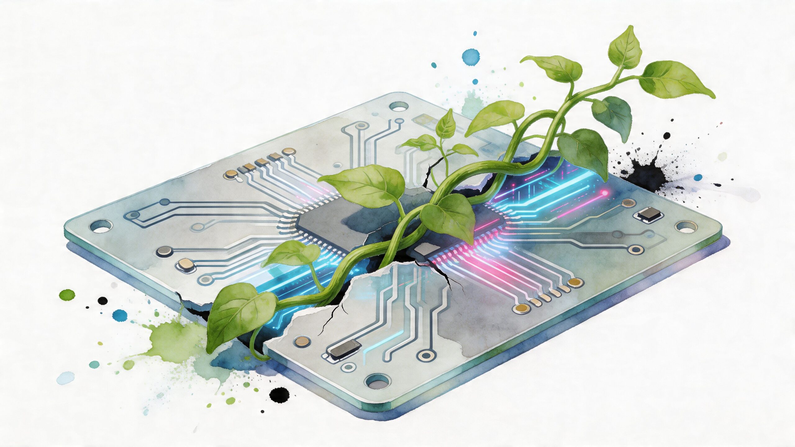 A watercolor illustration showing a green plant vine growing through a fractured electronic computer circuit board.