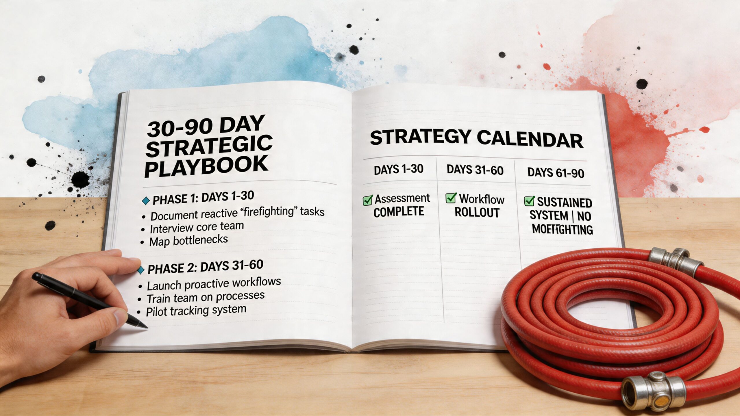 A strategic business playbook open on a desk beside a coiled red fire hose for metaphoric context.