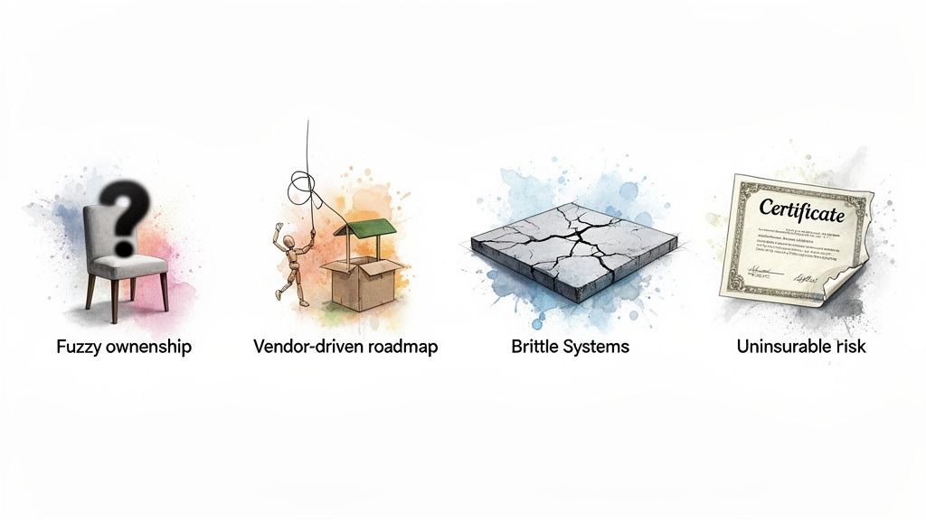 Four watercolor illustrations show business challenges: fuzzy ownership, vendor roadmaps, brittle systems, uninsurable risk.