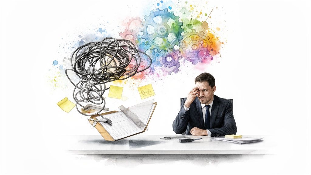Businessman looking stressed at a desk, surrounded by tangled wires, sticky notes, and colorful watercolor gears.