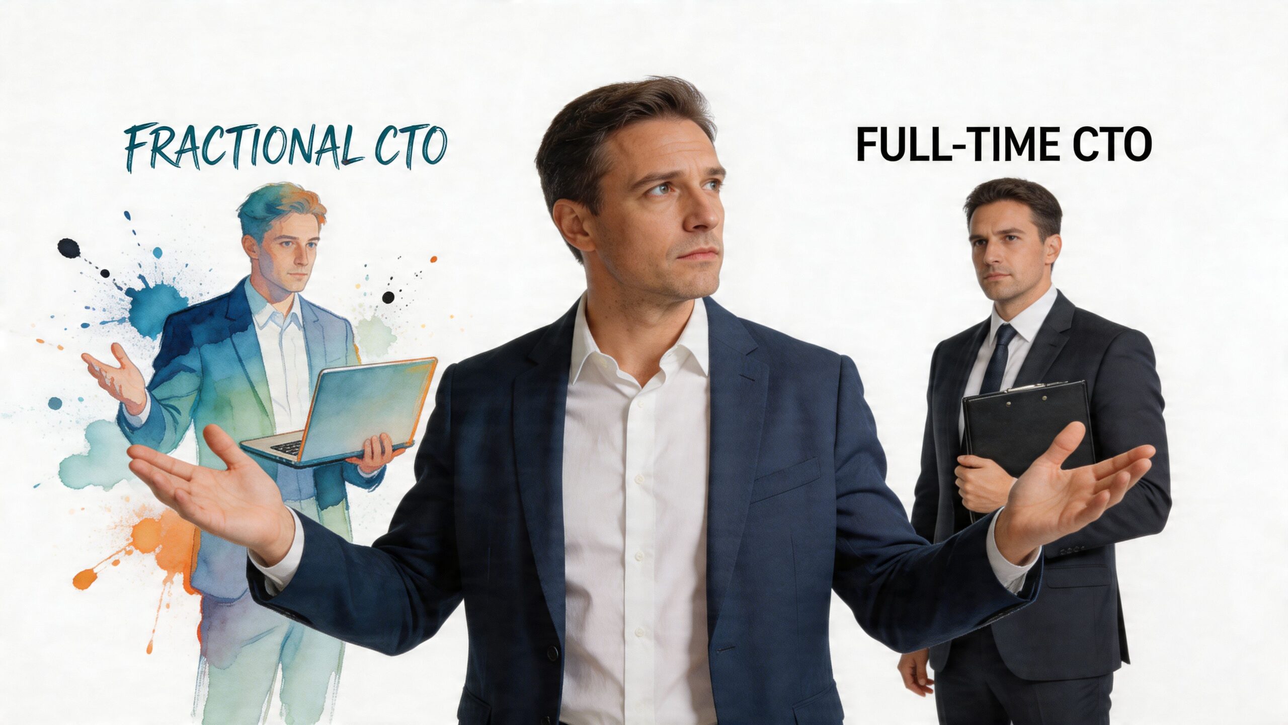 A professional comparing the flexibility of a fractional CTO versus a dedicated full-time executive for business growth.