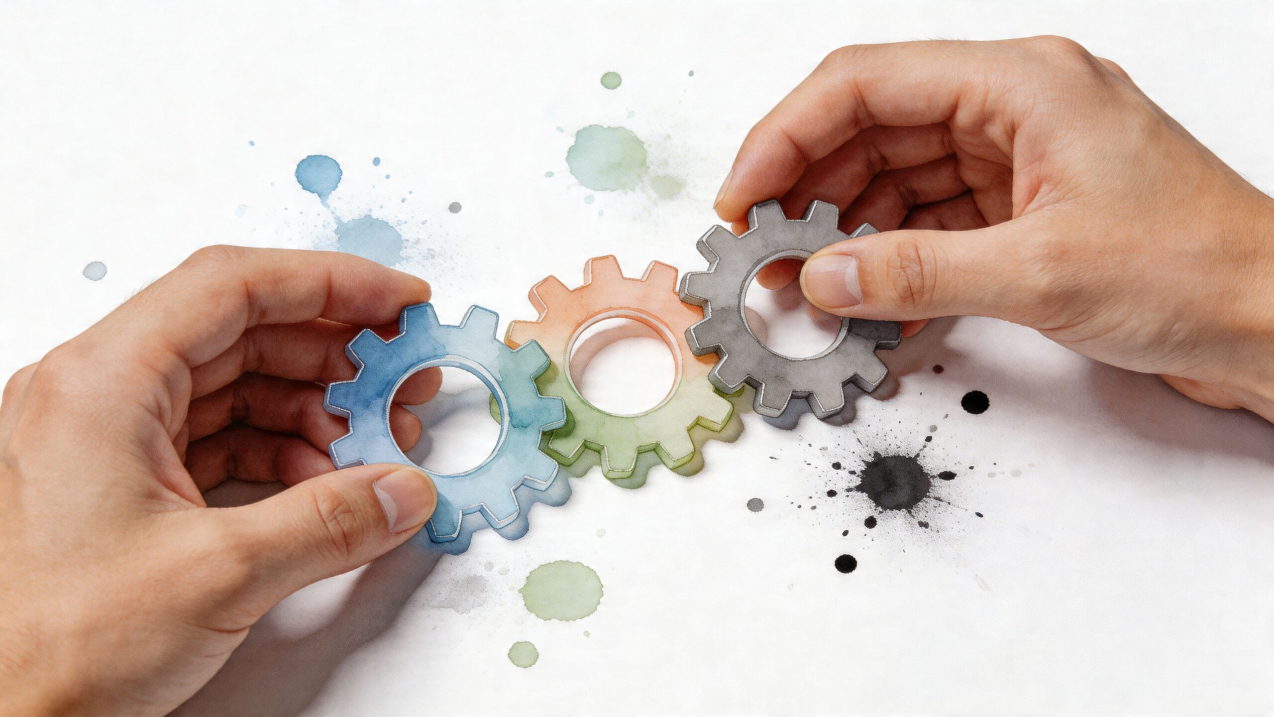 Hands assembling three colorful watercolor gear icons, representing collaboration, innovation, and teamwork in a business context.