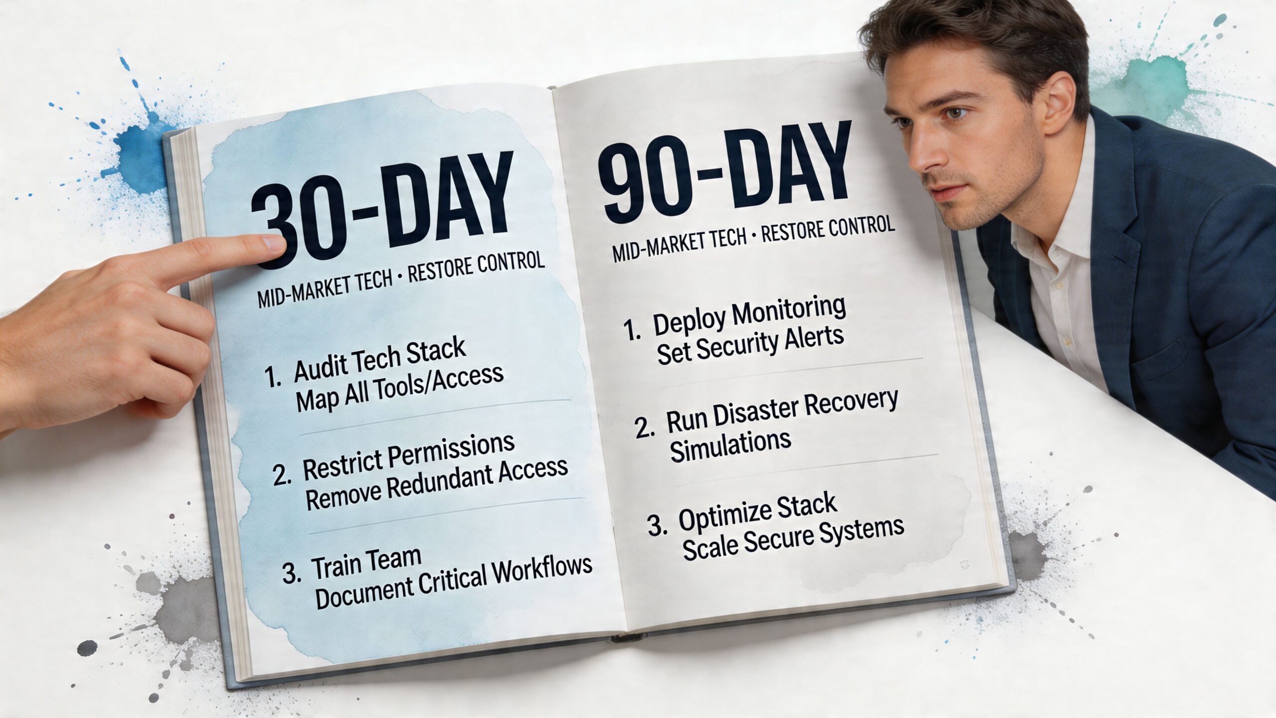 A hands-on guide featuring a 30-day and 90-day plan for mid-market technology leadership and security restoration.