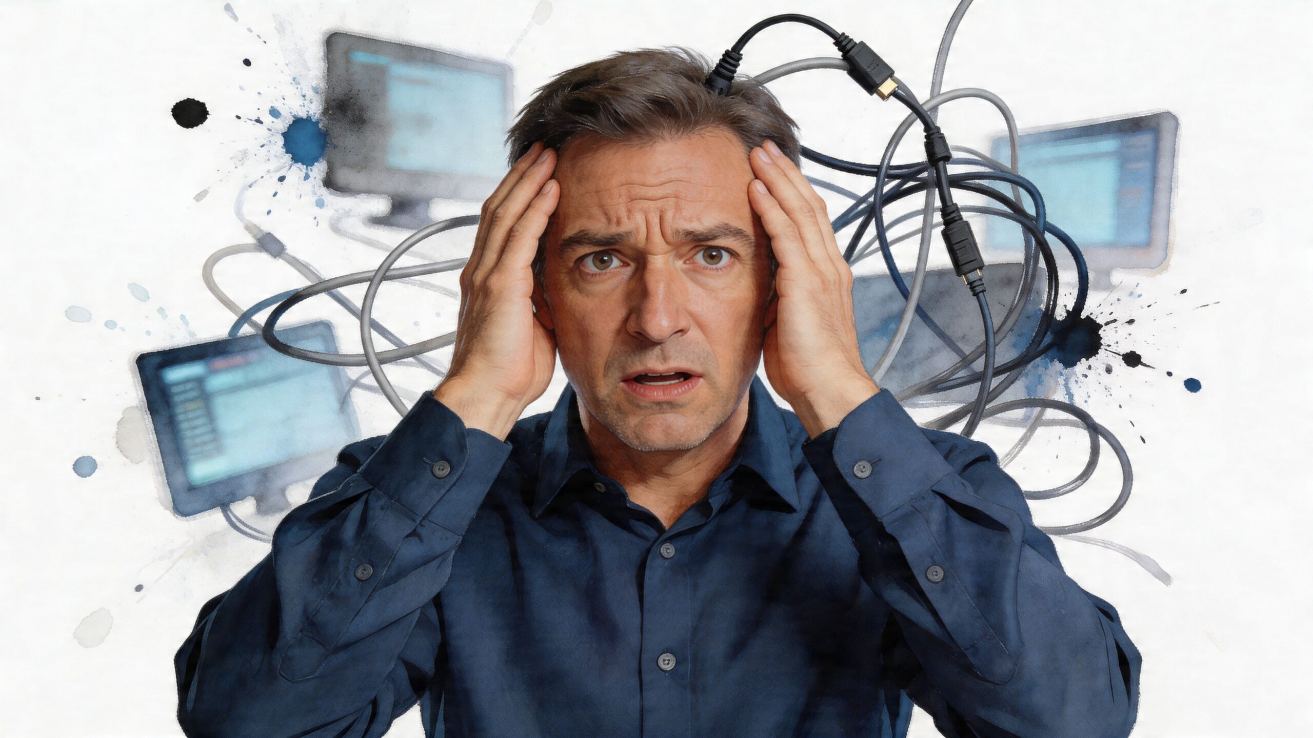 A stressed man with cables plugged into his head, surrounded by floating computer screens and digital clutter.