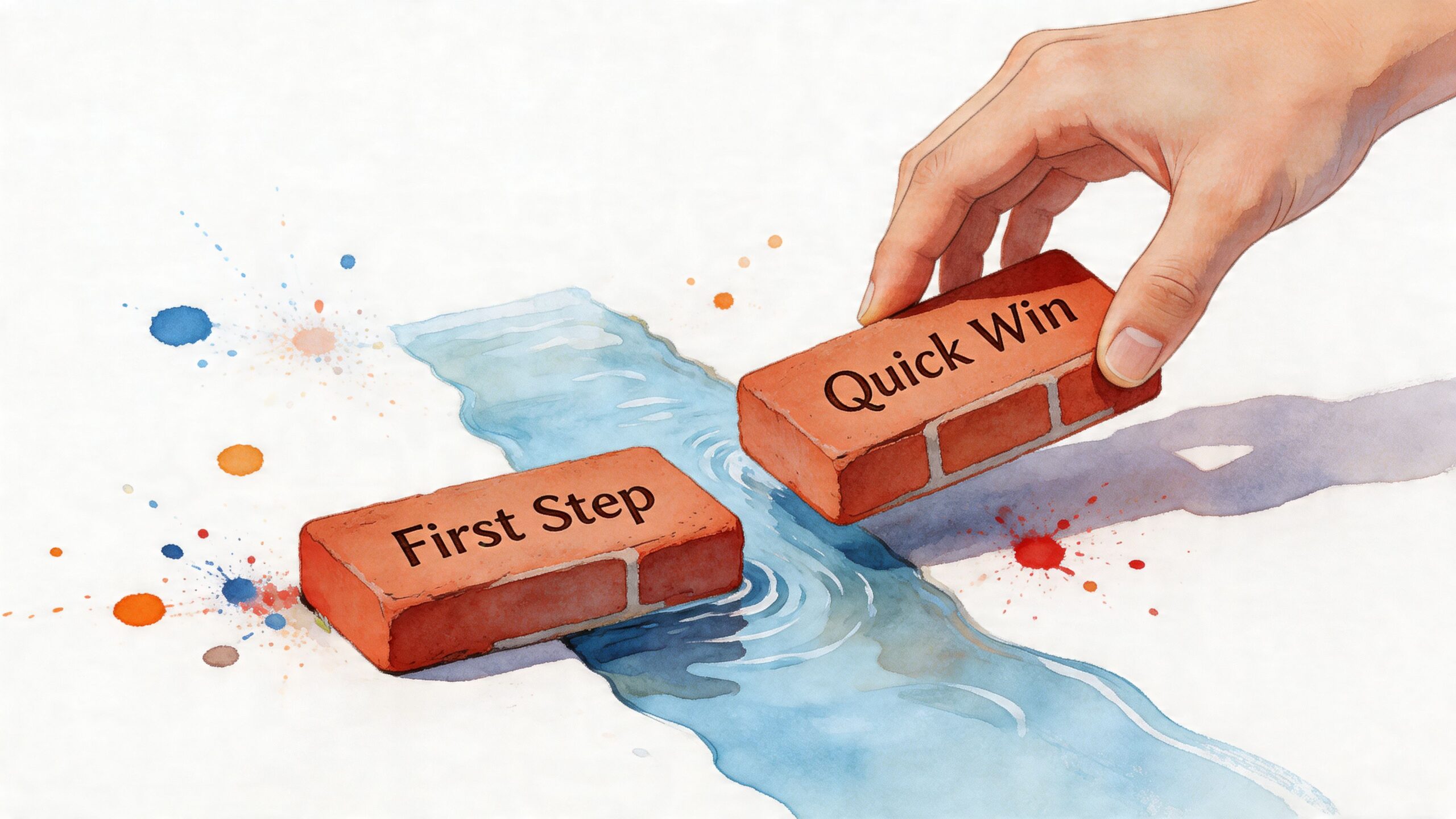 A hand places a brick labeled Quick Win to bridge a water gap with another First Step brick.