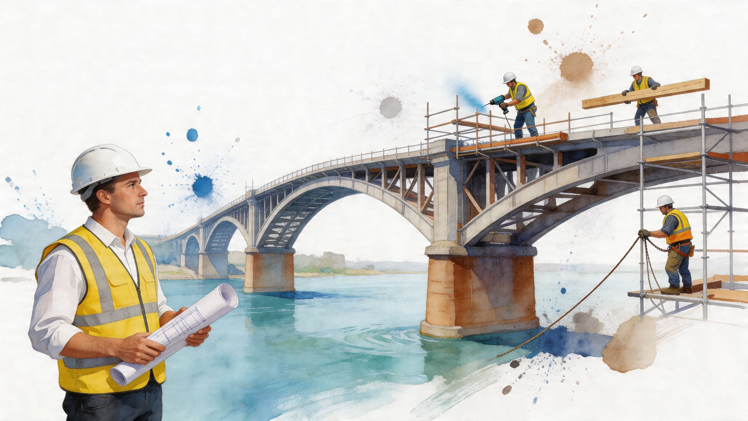 A professional construction engineer reviewing blueprints in front of a bridge under construction with workers nearby.