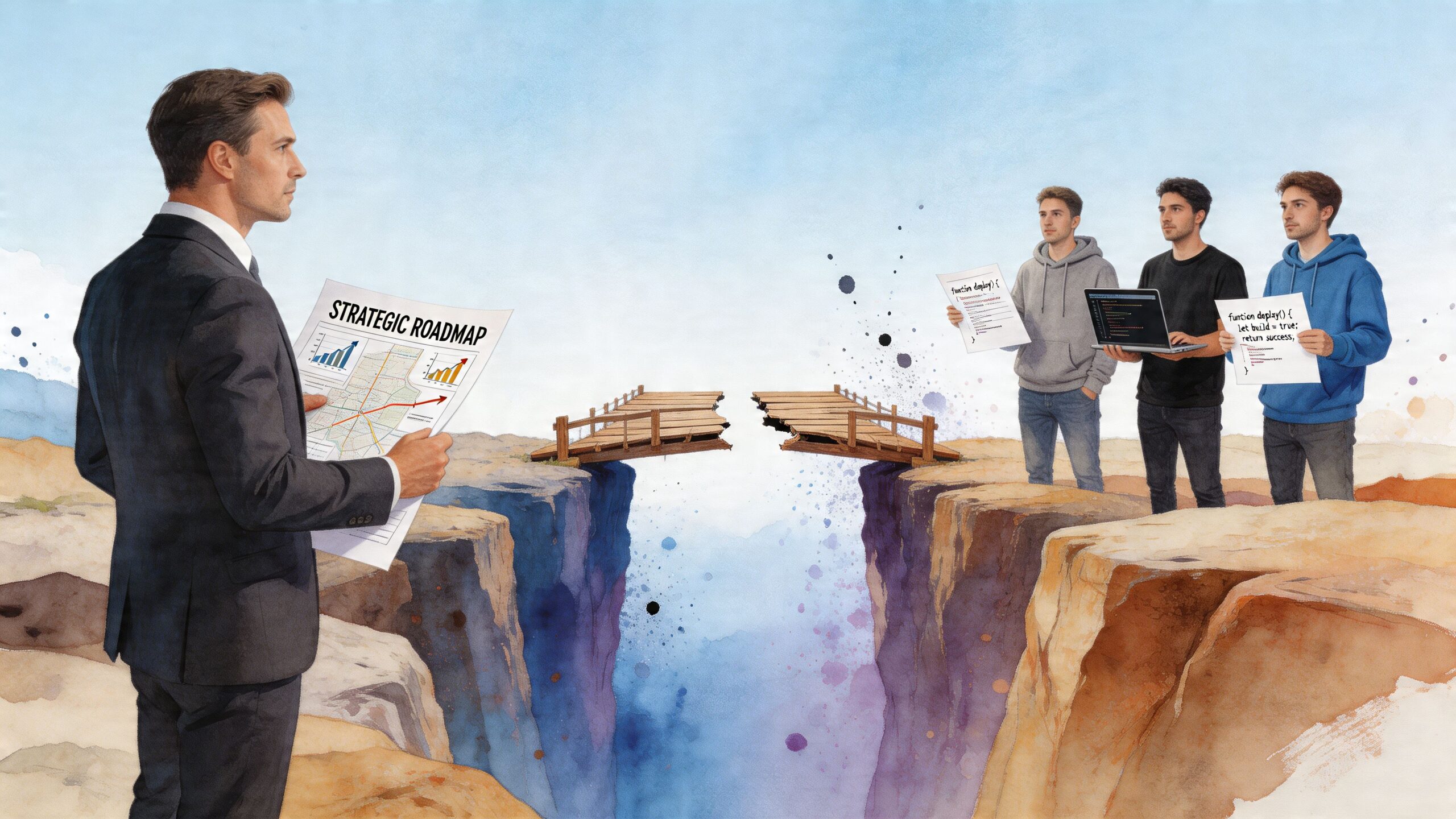 A businessman faces a group of developers across a broken bridge, illustrating a disconnect in business strategy.