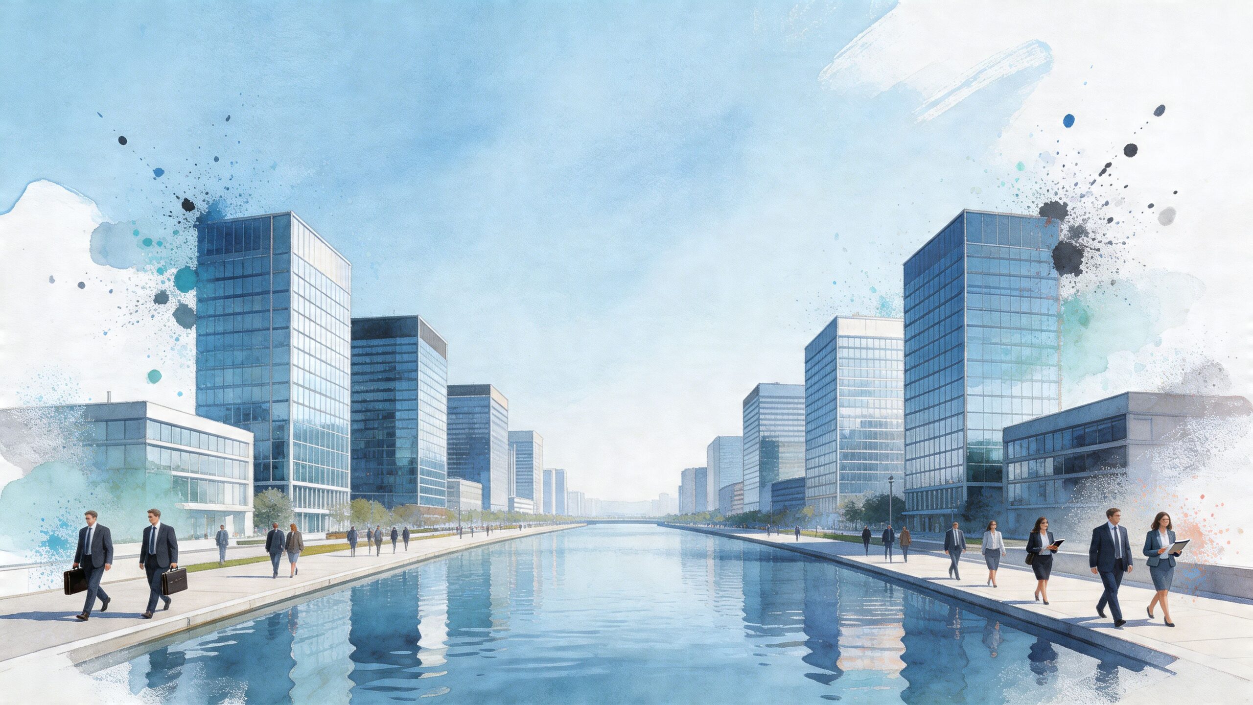 A watercolor illustration of professionals walking along a canal between modern office buildings in a city.