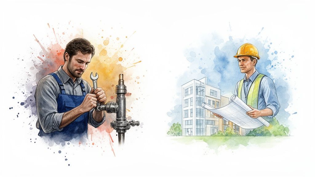 Two watercolor illustrations depicting a plumber working on pipes and a construction worker with building plans.
