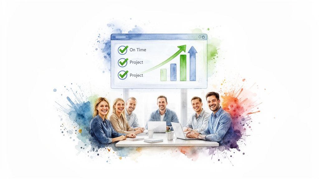 A diverse team of six smiling professionals in a meeting, with a digital overlay showing project success and growth.