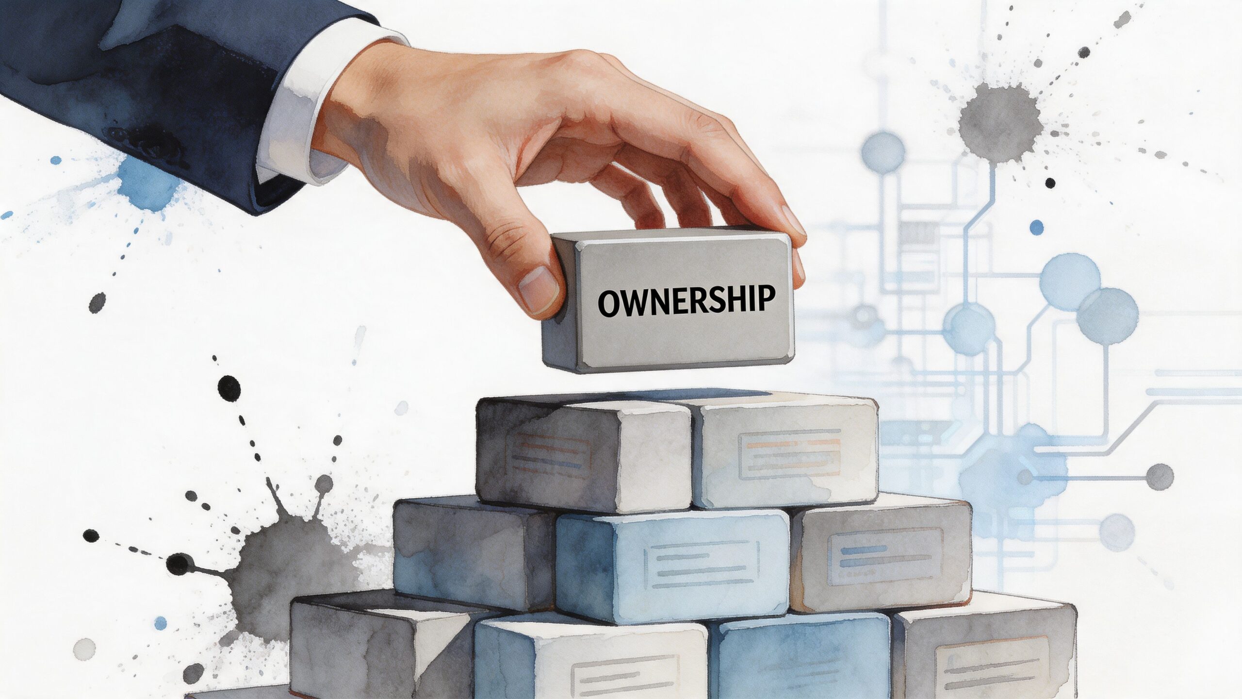 A hand placing a block labeled ownership on top of a stack representing business growth and technology.