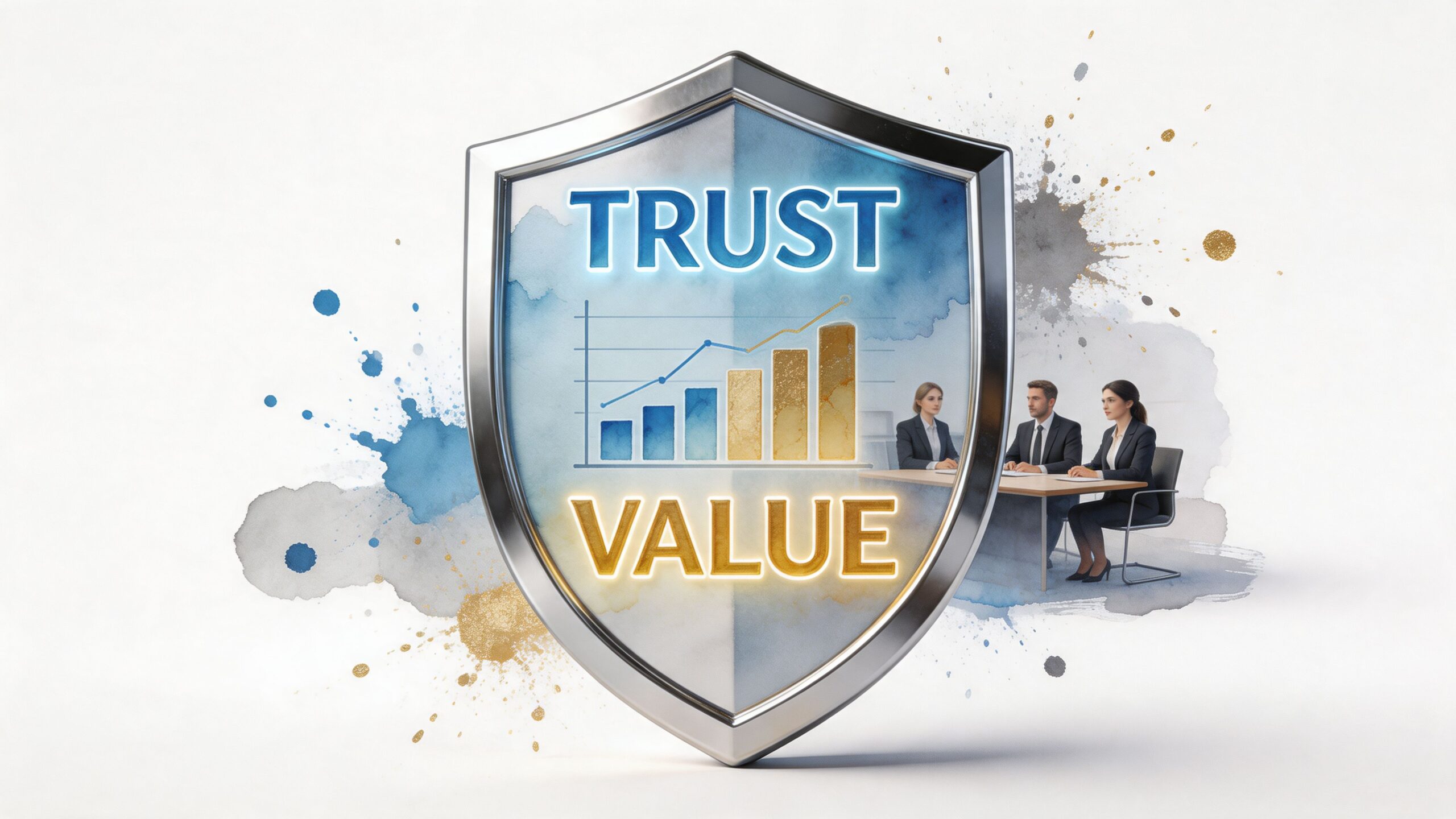 A silver shield emblem displaying a business growth chart, labeled with the words trust and value.