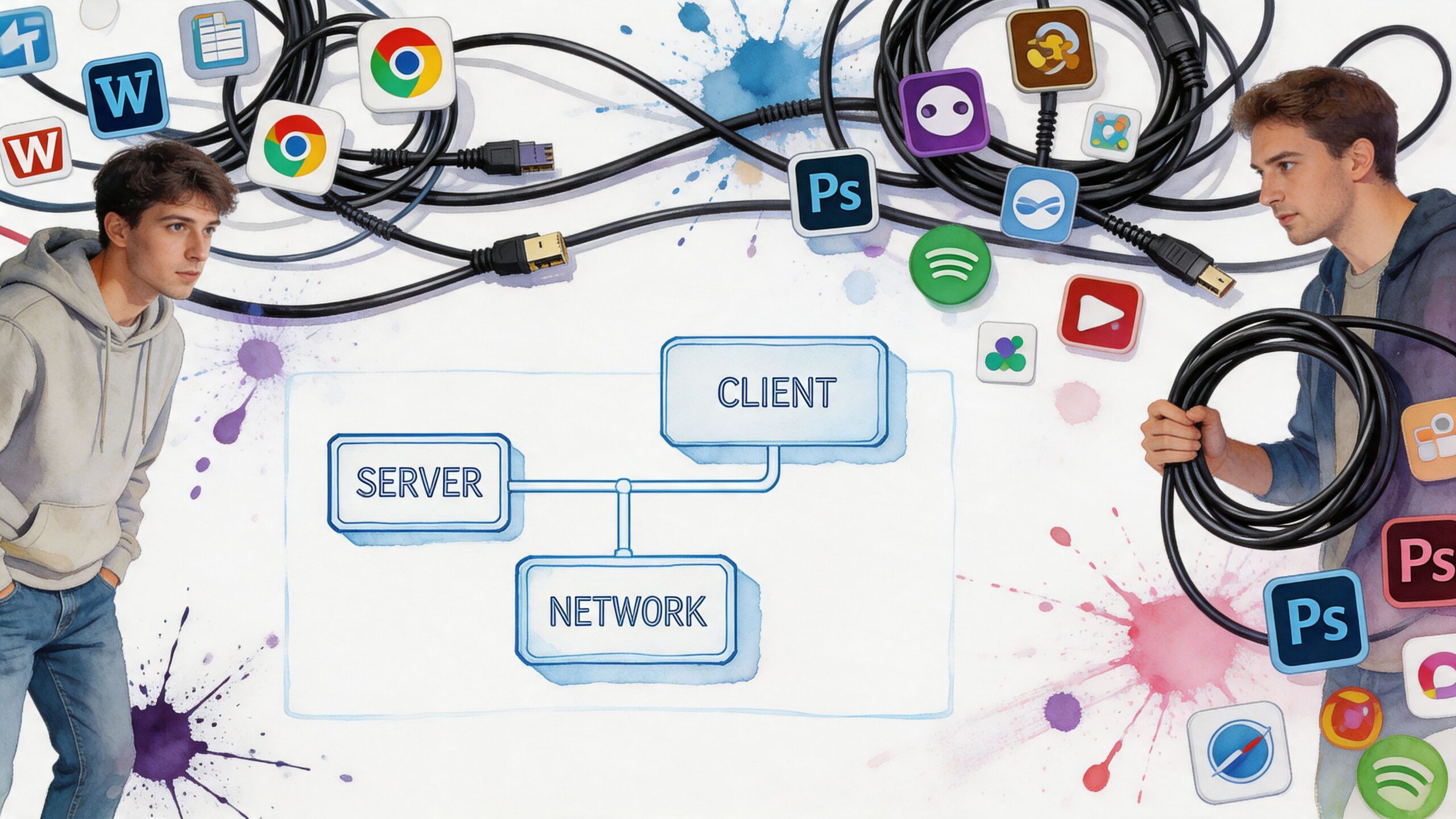 Two young men interacting with floating digital application icons connected by cables, illustrating modern network architecture concepts.