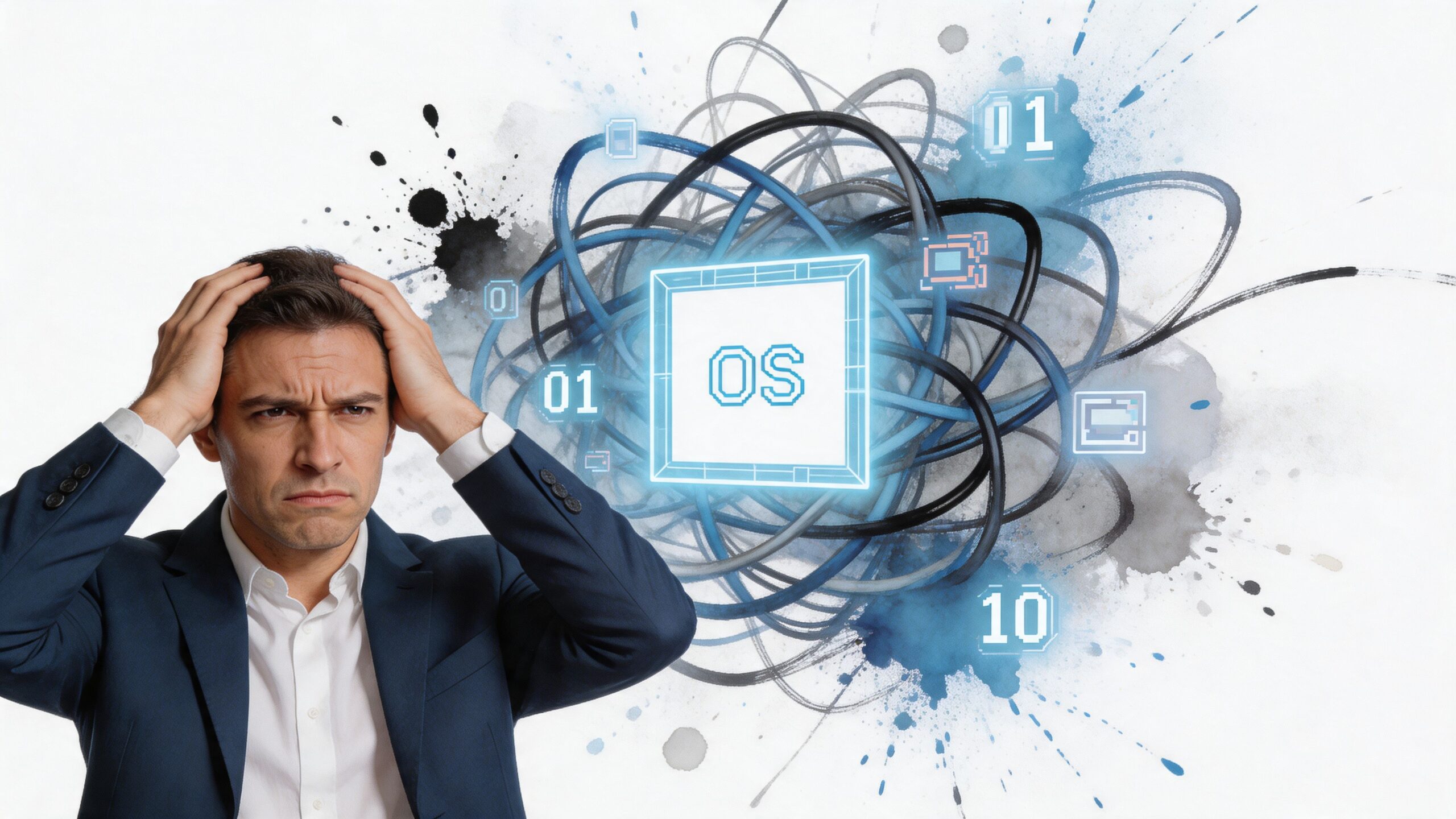 A frustrated businessman holding his head with a complex abstract computer operating system illustration behind him.